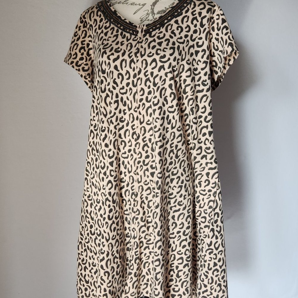 Go Softly Patio Bead Embellished Leopard House Mumu Dress Zip Pocket Knit